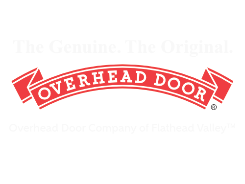 the overhead door company of flathead valley ribbon logo with white text for a dark background